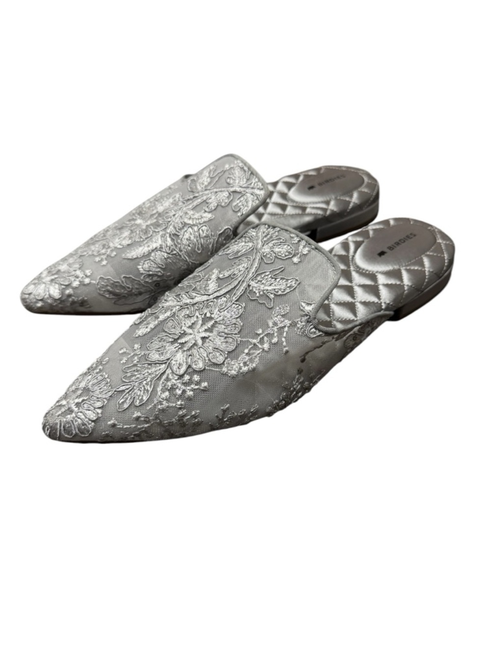 Birdies Dove Embroidered Flower Floral Lace Mules Slip On Shoes Gray Silver 9 - Picture 2 of 13
